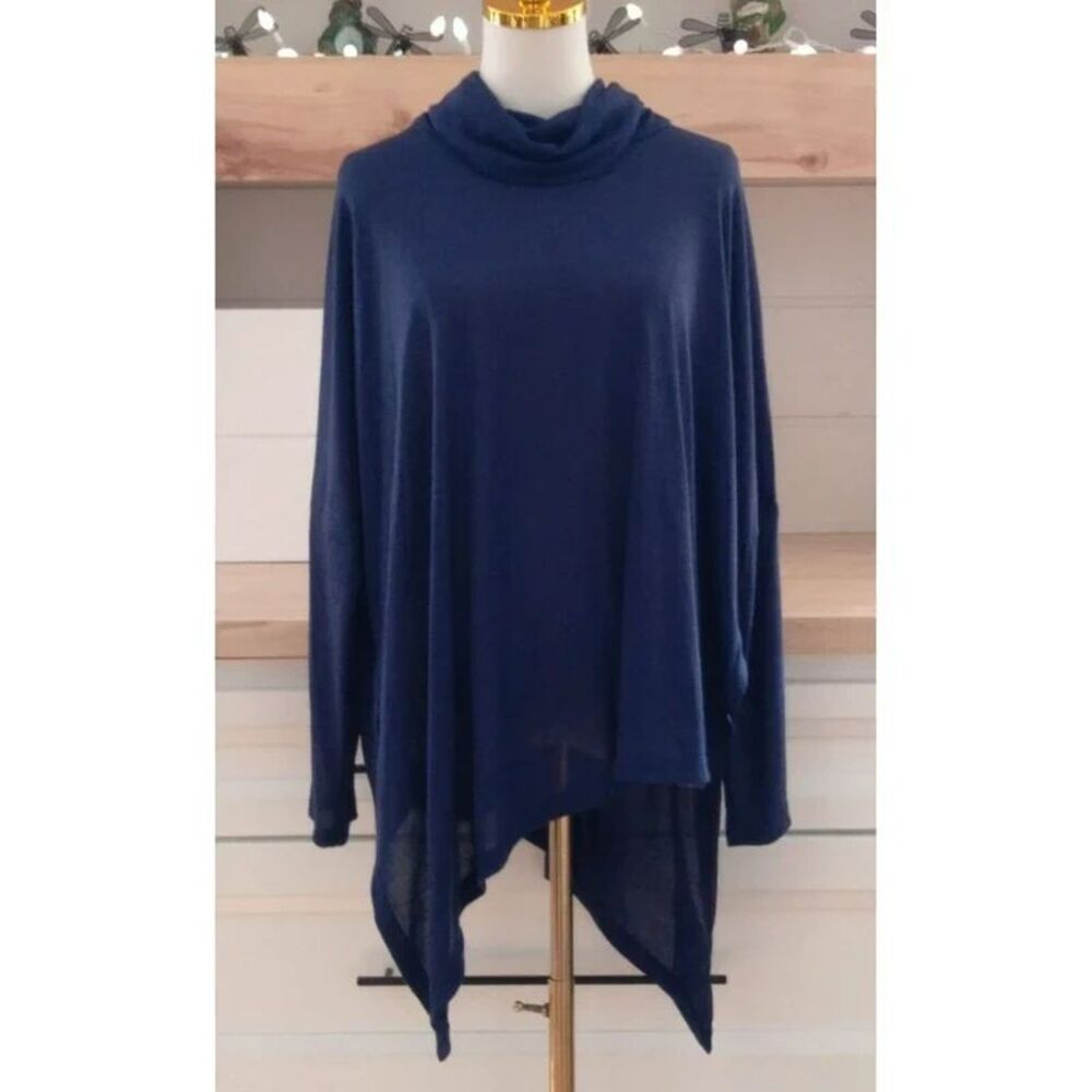 NWT Jane Austin Navy Blue Asymmetrical Tunic Top Cowl Neck Long Sleeve Flowy